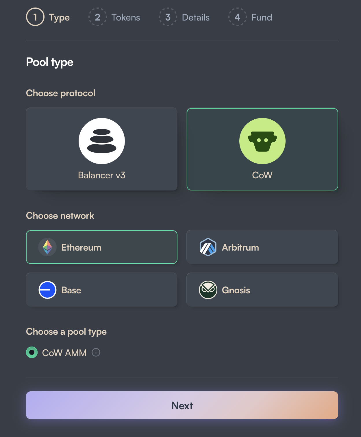 Creating a CoW pool: fewer networks and the CoW AMM pool type