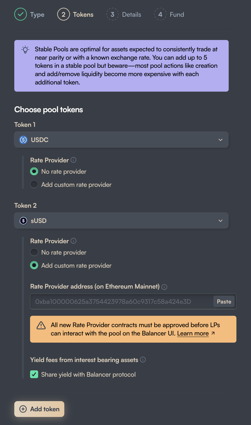 Selecting tokens and configuring rate providers